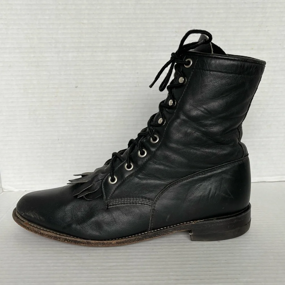 Justin Western Roper Kiltie Boots Women Size 9 B Black Leather Lace Up L0620 - Picture 7 of 11